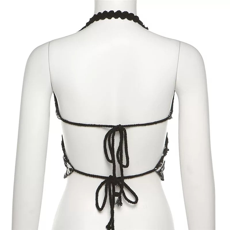 Cute Sexy Butterfly Crochet Halter Sleeveless Shirt Crop Top Camisole Beach Tunic Party Summer Aesthetic Casual E-Girl Kawaii Korean Japanese Harajuku