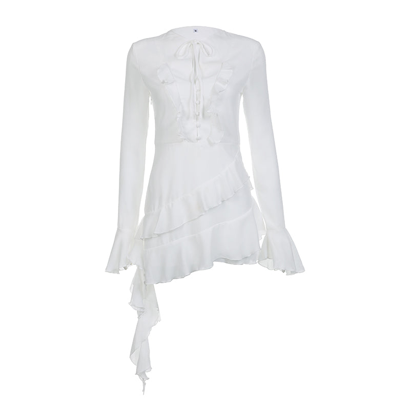 White Ruffle A-Line Chiffon Long Sleeve Flare Dress