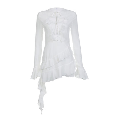 White Ruffle A-Line Chiffon Long Sleeve Flare Dress