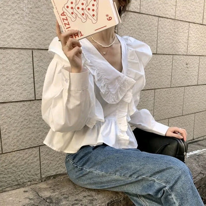 White Ruffle Long Sleeve Blouse