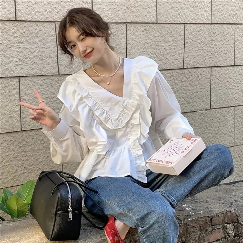 White Ruffle Long Sleeve Blouse