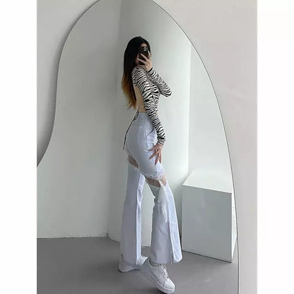Cute White Lace Hollow Out Side Split High Waist Flare Denim Jeans Pants Trousers Summer Aesthetic Casual E-Girl Kawaii Korean Japanese Harajuku