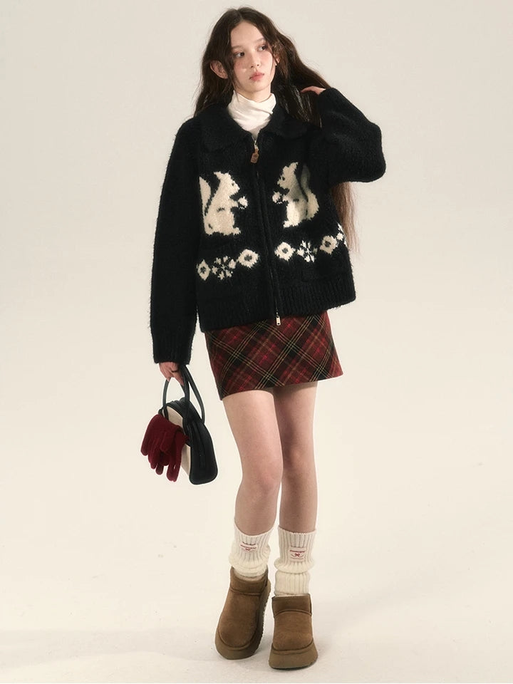 Squirrel Graphic Zipper Sweater