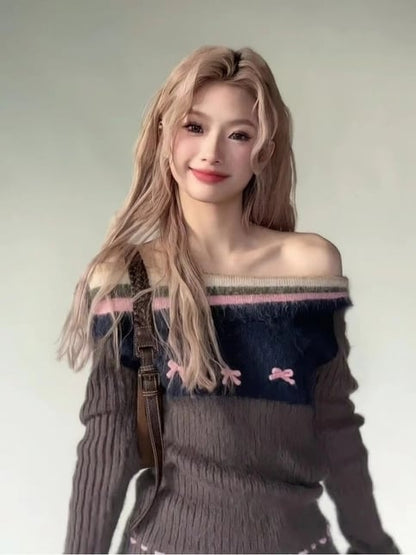 Brown Fairy Bow Off Shoulder Sweater