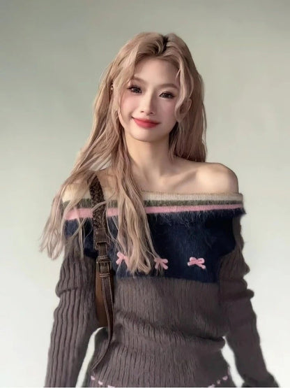 Brown Fairy Bow Off Shoulder Sweater