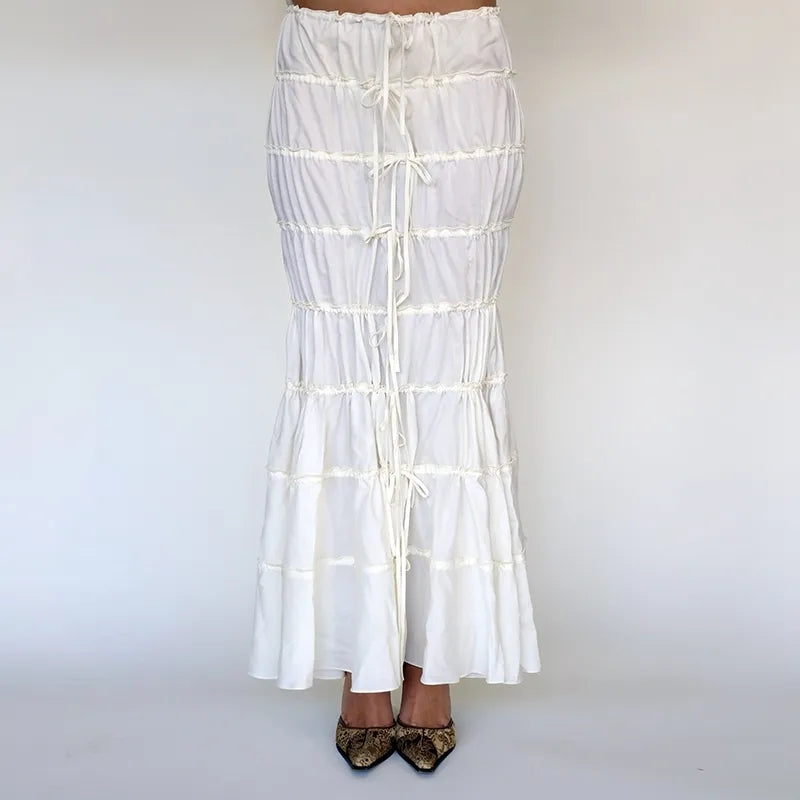 2PCS White Ruffle Camisole + High Waist Long Skirt