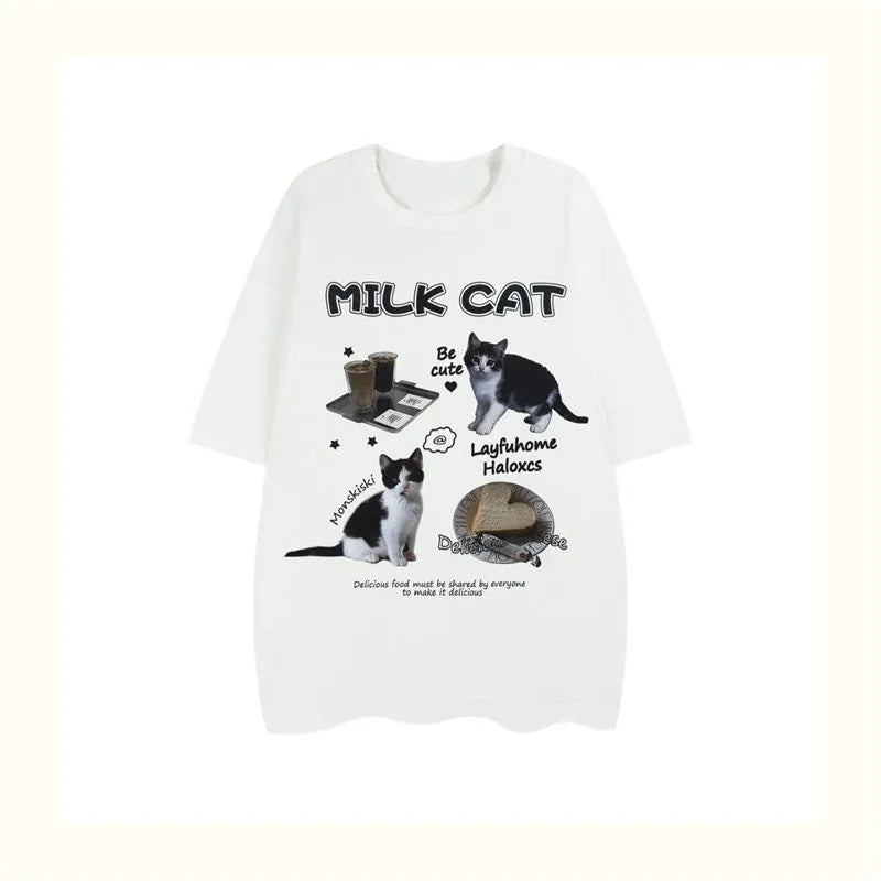 Cat Milk Cartoon Print Short Sleeve T-shirt