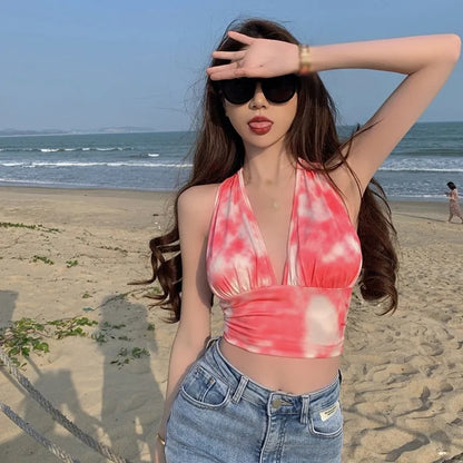 Red Tie Dyed V Neck Halter Top