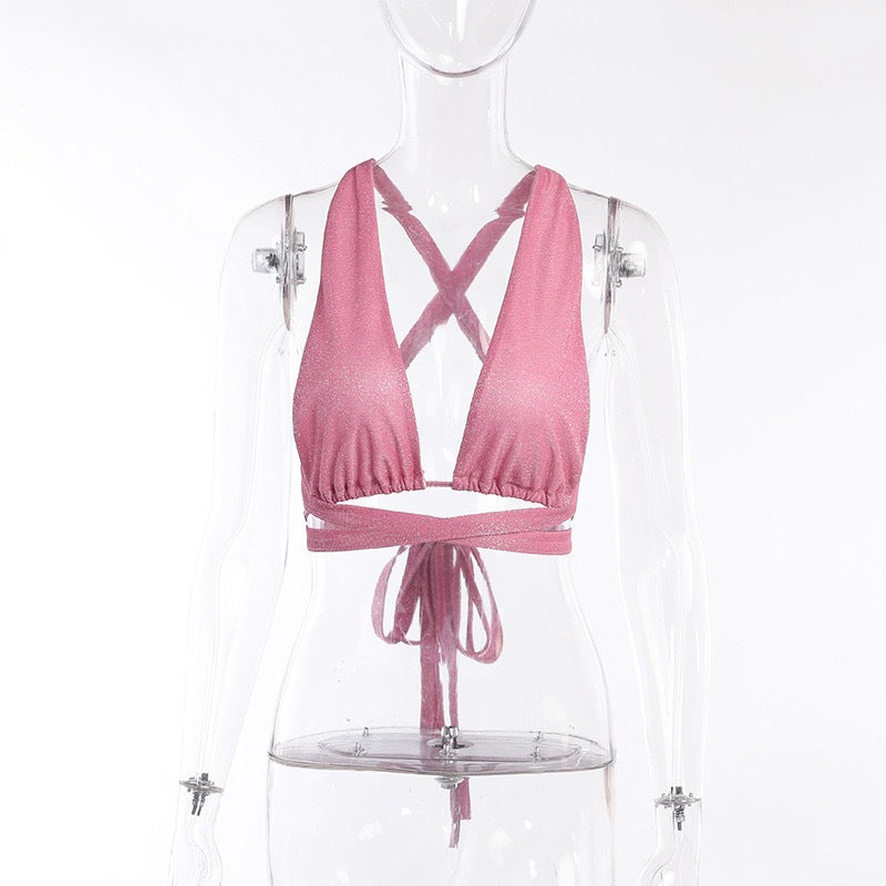 2PCS Pink Sequin Cut Out Tank Top + Mini Skirt