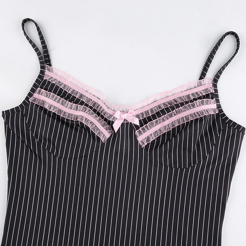 Cute Sexy 90s Black Pink Lace Trim Striped V Neck Mini Dress Dark Academia Aesthetic Goth E-Girl Kawaii Korean Japanese Harajuku Streetwear