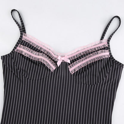 Cute Sexy 90s Black Pink Lace Trim Striped V Neck Mini Dress Dark Academia Aesthetic Goth E-Girl Kawaii Korean Japanese Harajuku Streetwear