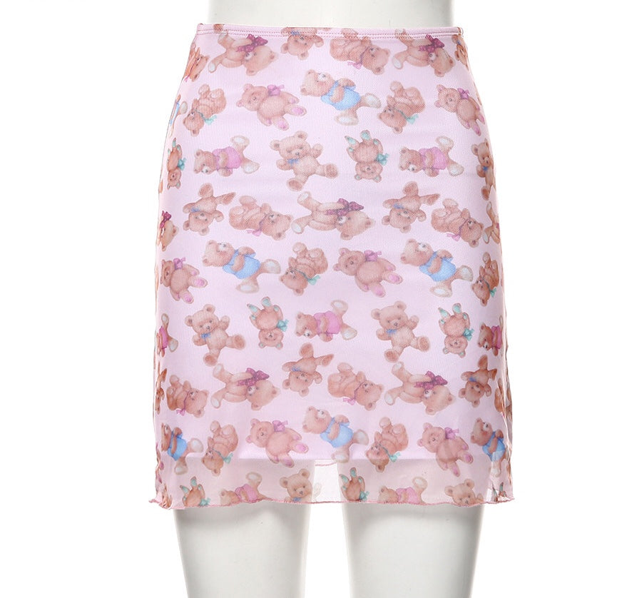 Cute Pink Bear Cartoon 90s Vintage Print Mesh Sheer Mini Skirt Bottom E-Girl Kawaii Korean Japanese Harajuku Retro Streetwear Fashion