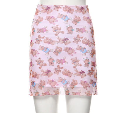 Cute Pink Bear Cartoon 90s Vintage Print Mesh Sheer Mini Skirt Bottom E-Girl Kawaii Korean Japanese Harajuku Retro Streetwear Fashion