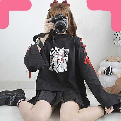 Cute Vintage Anime Fox Print Lace Up Long Sleeve Shirt Hoodie Sweatshirt Top Punk Goth E-Girl Kawaii Korean Japanese Harajuku Streetwear
