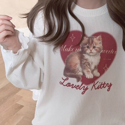 Cat Heart Print Ribbed Long Sleeve Shirt