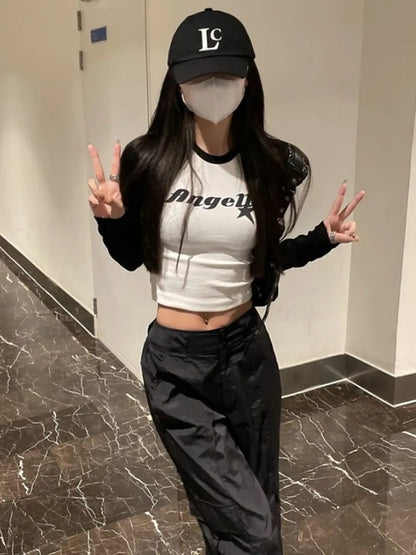 Black & White Angel Patchwork Long Sleeve Crop Top