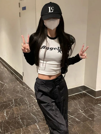 Black & White Angel Patchwork Long Sleeve Crop Top