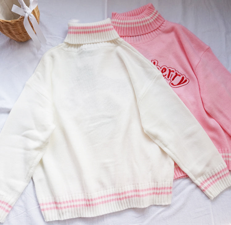 Cute Pastel Pink Strawberry Milk Turtleneck Knit Sweater Sweatshirt Jumper Long Sleeve Pullover E-Girl Kawaii Korean Japanese Harajuku Streetwear