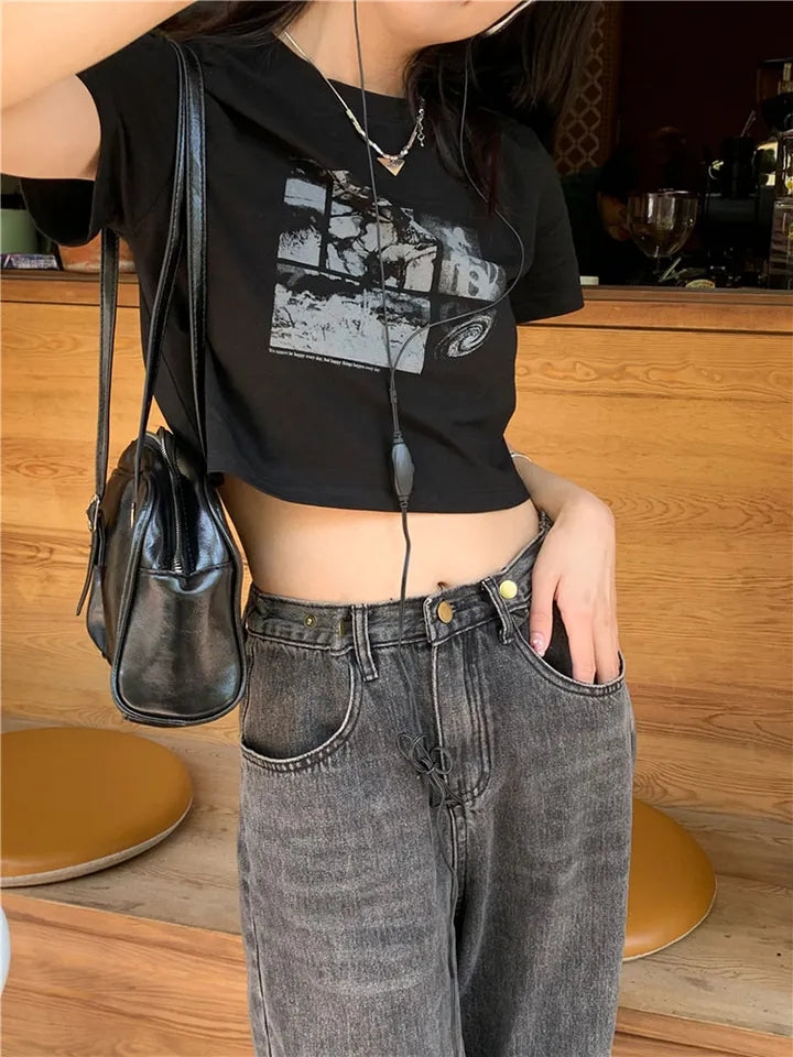 Black Grunge Cropped Short Sleeve T-shirt