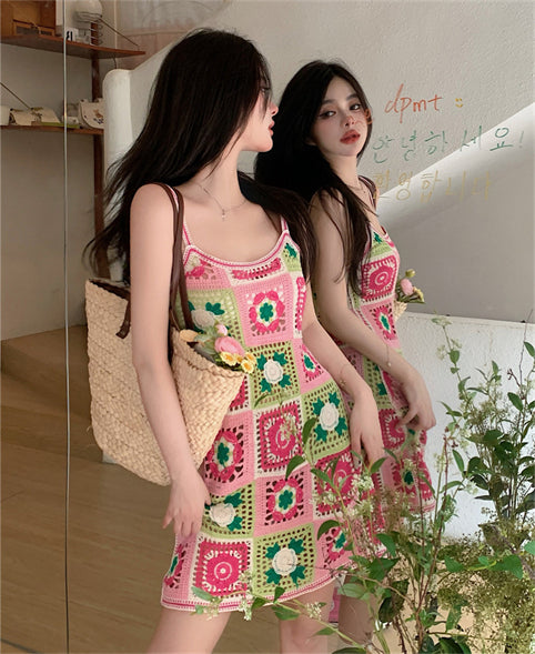 Pink Crochet Square Mini Dress