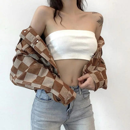 Brown Checkboard Cropped Denim Jacket