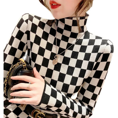 Black & White Checkered Turtleneck Long Sleeve Shirt