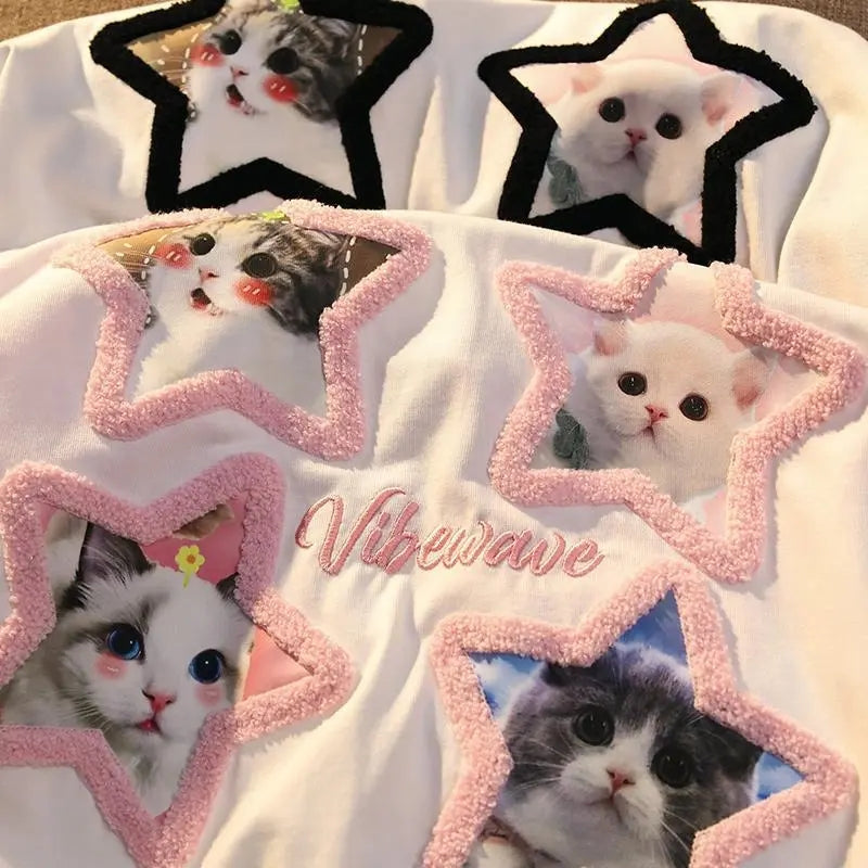 Pink Kawaii Cat Patchwork Short Sleeve T-shirt