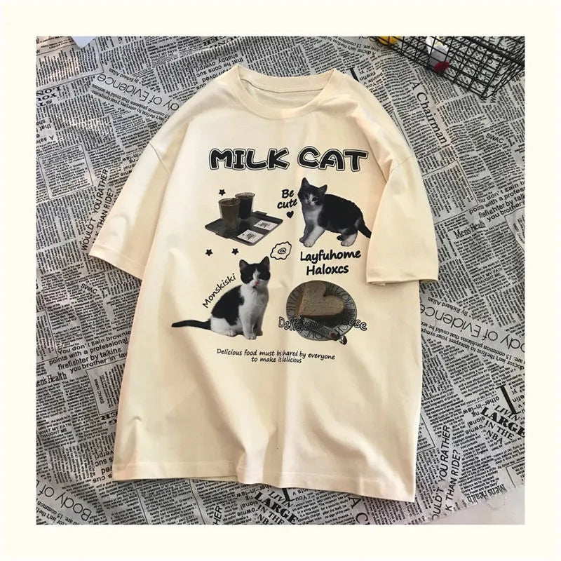 Cat Milk Cartoon Print Short Sleeve T-shirt