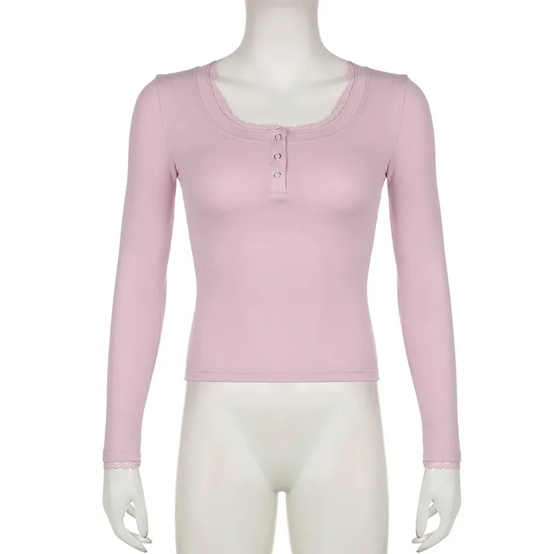 Pink Lace Trim Long Sleeve Shirt