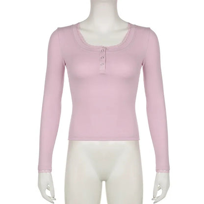 Pink Lace Trim Long Sleeve Shirt