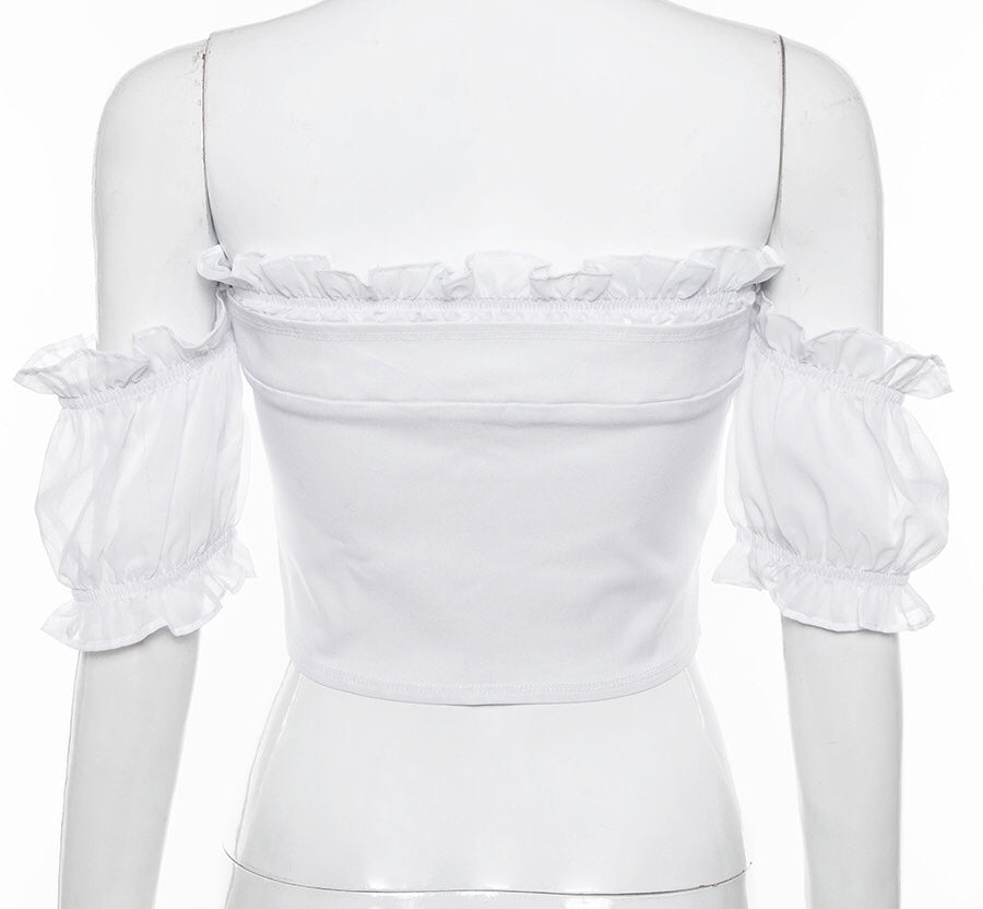 Cute Sexy Lace Up Ruffle Crop Top Short Sleeve Shirt T-shirt Tee Top Kawaii Korean Japanese Harajuku Chinese Retro Streetwear Aesthetic Fashion