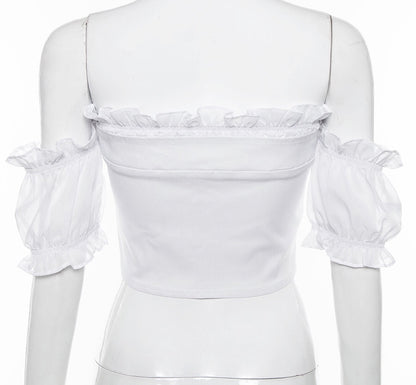Cute Sexy Lace Up Ruffle Crop Top Short Sleeve Shirt T-shirt Tee Top Kawaii Korean Japanese Harajuku Chinese Retro Streetwear Aesthetic Fashion