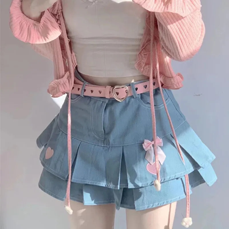 Heart Embroidery Blue Denim Skirt