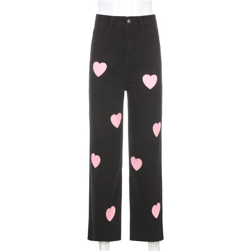 Cute Vintage Pink Heart Print Black Denim Jeans Straight High Waist Long Trouser Pants Autumn Casual E-Girl Kawaii Korean Japanese Harajuku Streetwear