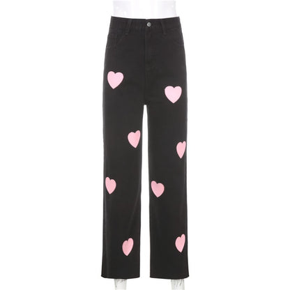 Cute Vintage Pink Heart Print Black Denim Jeans Straight High Waist Long Trouser Pants Autumn Casual E-Girl Kawaii Korean Japanese Harajuku Streetwear