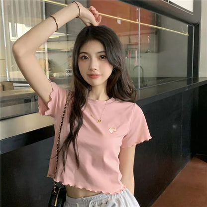 Strawberry Embroidery Ruffle Short Sleeve Shirt