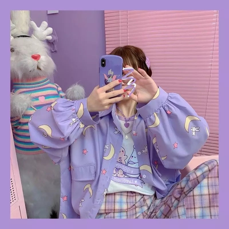 Pastel Purple Anime Star Moon Cartoon Blouse Oversized Long Sleeve Shirt Loose Button Autumn Winter E-Girl Kawaii Korean Japanese Harajuku Streetwear