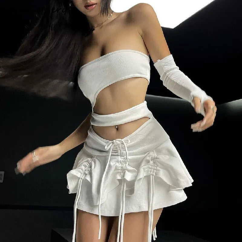 White Hollow Out Drawstring Strapless Mini Dress