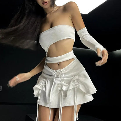 White Hollow Out Drawstring Strapless Mini Dress