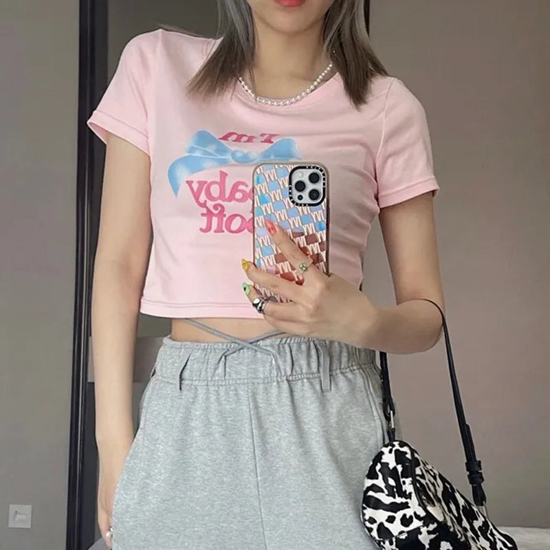 Pink Bow Print Crop Top