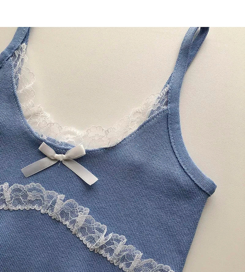 Patchwork Lace Bow Knit Camisole Crop Top