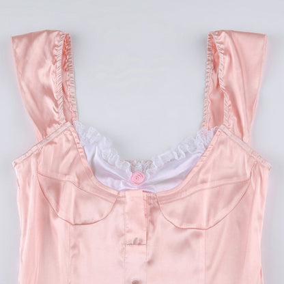 Pink Lace Trim Button Up A-Line Dress