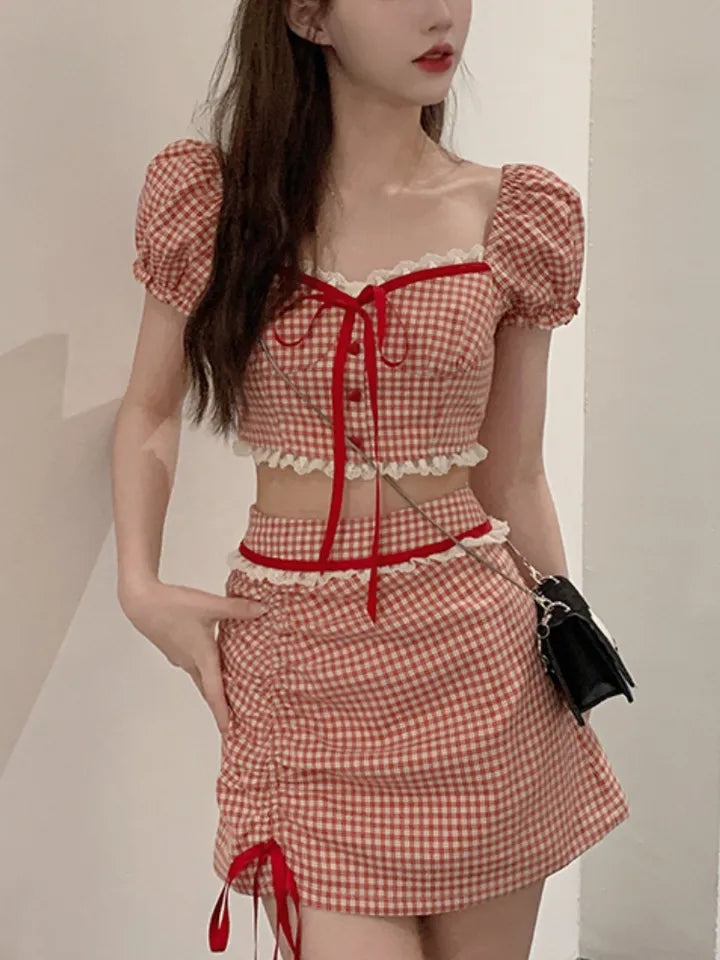 2PCS Red Plaid Crop Top + Mini Skirt