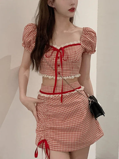 2PCS Red Plaid Crop Top + Mini Skirt