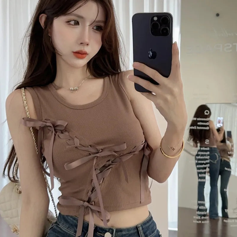 Brown Bow Tie Hollow Out Tank Top