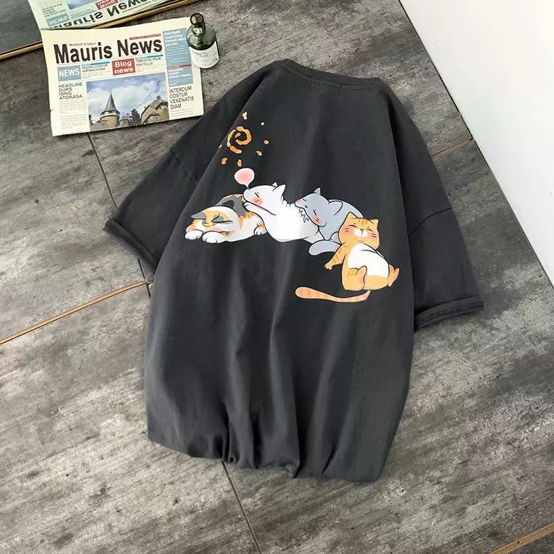 Cute Napping Cat Cartoon Print Short Sleeve Shirt Tees Aesthetic Casual Summer E-Girl Kawaii Korean Japanese Harajuku
