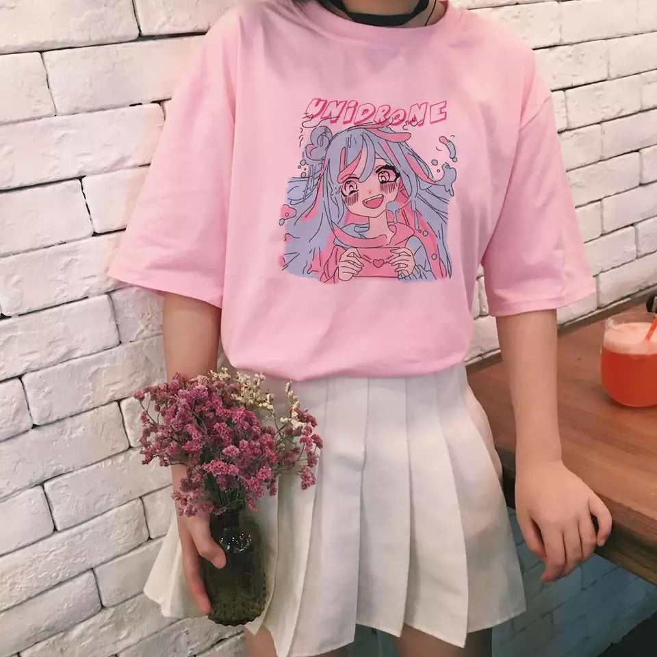 Cute Sweet Vintage Pastel Pink Anime Girl Cartoon Print Short Sleeve Shirt Loose T-shirt Top E-Girl Kawaii Korean Japanese Harajuku Streetwear