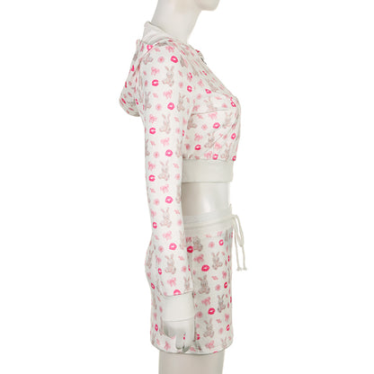 2PCS Rabbit Print Tracksuit Hoodie + Mini Skirt Set