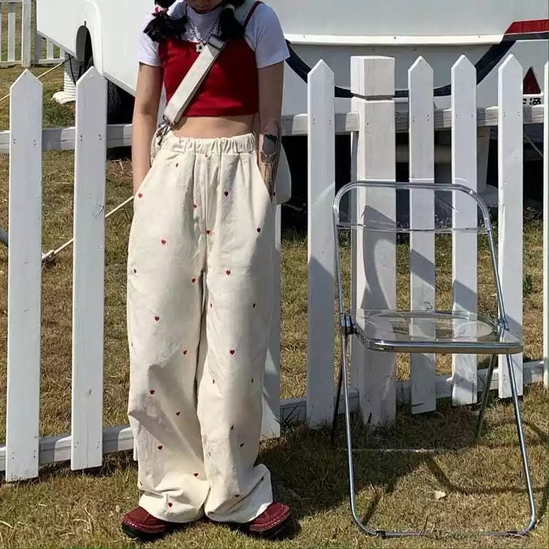 Cute Beige Love Hearts Wide Leg Pants Trouser Bottoms Aesthetic Casual Summer E-Girl Kawaii Korean Japanese Harajuku