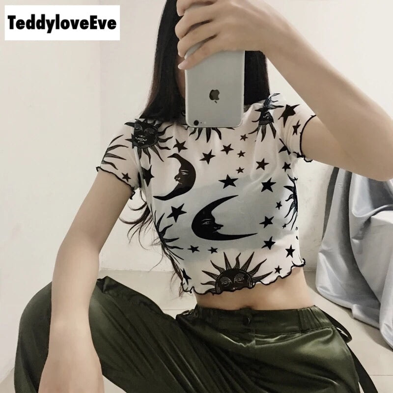 Sexy Goth Grunge Star Moon Celestial Print Ruffle Mesh Transparent Crop Top Short Sleeve Tee Shirt E-Girl Kawaii Korean Japanese Harajuku Streetwear